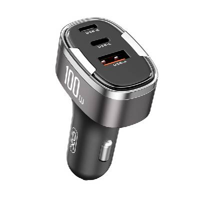 CC61 зарядно за кола USB+2 Type-C гнездо 100W, PD бързо зарядно + Lightning кабел, светлосиво XO-CC61_LIGHTLING_GREY (XO-CC61_LIGHTLING_GREY)