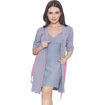 Комплект от халат и нощница в гълъбово синьо със сърца