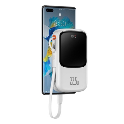 Baseus Qpow Digital Display Power bank with USB-C cable 22.5W (PPQD020102) - външна батерия 10000 mAh с вграден USB-C кабел и USB-C, USB-A и Lightning портове (бял)