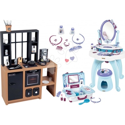 Smoby Set kuchynka moderná Loft Industrial Kitchen a kozmetický stolík Frozen a kufrík so zrkadielkom