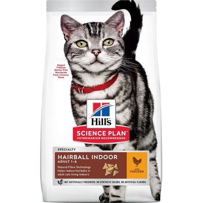 Hill's Science Plan Adult Hairball Indoor Cat с пилешко - пълноценна храна за котки, живеещи на закрито, за намаляване на космените топки, 1-6 год. , 10 кг