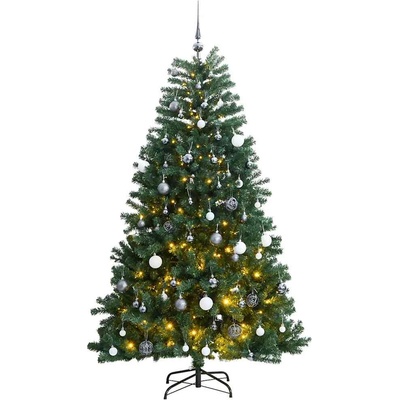 vidaXL Изкуствена коледна елха с шарнири, 300 LED и топки, 210 см (3210165)