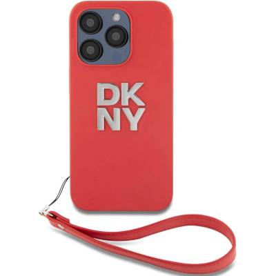 DKNY Stack Logo Wrist Strap Leather Hard Case - дизайнерски кожен кейс с връзка за носене за iPhone 15 Pro Max (червен)