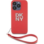 DKNY Stack Logo Wrist Strap Leather Hard Case - дизайнерски кожен кейс с връзка за носене за iPhone 15 Pro Max (червен)
