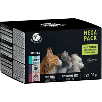 Pet Republic PetRepublic мокра храна за котки след стерилизация, парченца в деликатен сос, МИКС от 3 вкуса, 12x100g