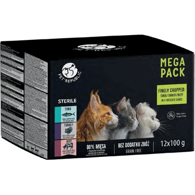 Pet Republic PetRepublic мокра храна за котки след стерилизация, парченца в деликатен сос, МИКС от 3 вкуса, 12x100g