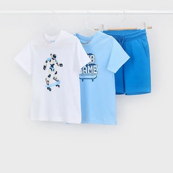 Mayoral Комплект SK8 Game с робот тениски в светлосин и бял цвят и сини панталонки за мини момче Mayoral