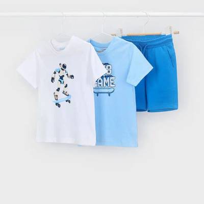 Mayoral Комплект SK8 Game с робот тениски в светлосин и бял цвят и сини панталонки за мини момче Mayoral