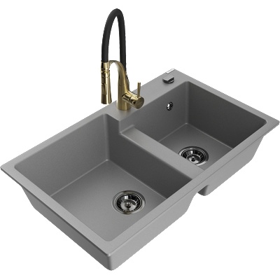 Mexen Tomas кухненска мивка гранитна 2-камерна с кухненски смесител Aster, сив - 6516-71-73450-57-B (6516-71-73450-57-B)