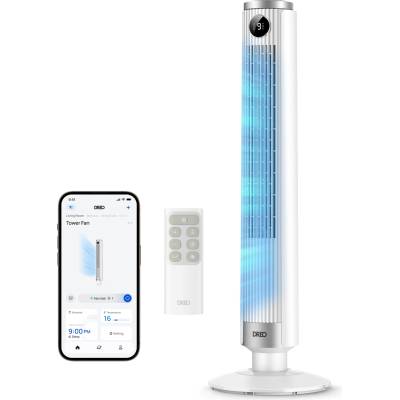 DREO Smart 102-114cm tower fan for bedroom, height adjustable, 8.4m/s, DC motor, 9 levels, 4 modes, 90° oscillation, pedestal fan, 20dB quiet, 12H timer for home and office, Google/Alexa - DR-HTF024S