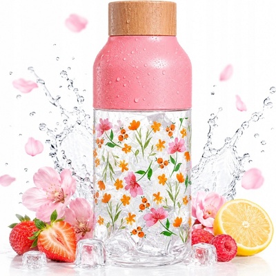 QUOKKA Ice Plastová láhev PINK FLOWERS 570 ml