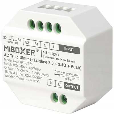 MiBoxer TRI-C1ZR triakový stmívač Zigbee 3.0 + RF 2,4GHz + tlačítko, 230VAC, 300W
