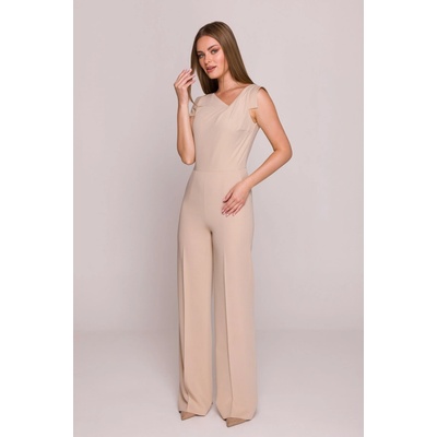 Stylove Woman's Elegant jumpsuit with asymmetrical neckline beige
