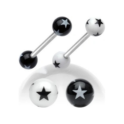 Šperky Eshop ocelový piercing do jazyka černobílé akrylové kuličky s hvězdičkami SP13.31 Bílá Černá