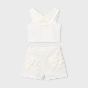 Mayoral Комплект бермуди креп и потник с цветя в мръснобял цвят за мини момиче Mayoral