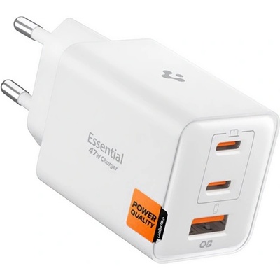 Spigen ESSENTIAL EE473EU мрежово зарядно устройство USB+2 Type-C гнездо 47W, PD бързо зарядно устройство 3.0, БЯЛО ACH09464 (ACH09464)