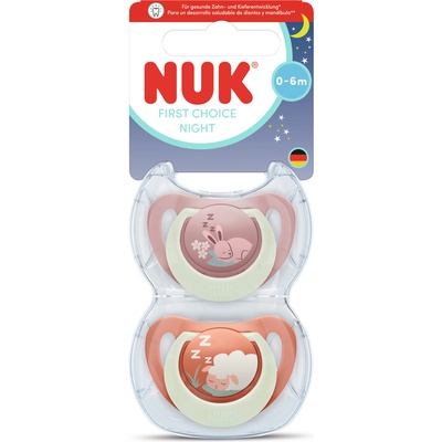 Nuk First Choice биберон залъгалка, силикон, 0-6 мес. , 2 бр. , Night, Заек/Овца (10175387)