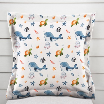 Biante bavlna s lemom Sandra SA-660 Modré veľryby a morské zvieratká na bielom 40 x 60 cm