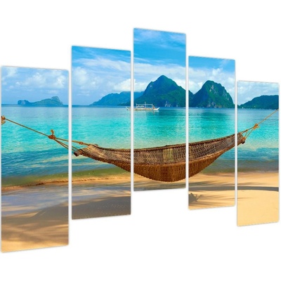 Obraz houpací sítě na pláži 3, pětidílný 125x90 cm – Zbozi.Blesk.cz