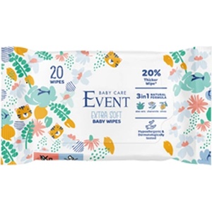 Event Бебешки мокри кърпи 3 в 1 Event - Extra Soft, с алое, лайка и маслина, 20 броя (2EVBE04202ESWAT20A) - baby
