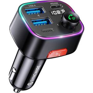 SYNCWIRE FM Transmitter Car Bluetooth 5.4 48W (PD 36W & 12W) Bluetooth Adapter Car with [Light Switch] [HiFi Bass Sound] [Fast Charging] Hands-Free Car Charger Cigarette Lighter - SW-XC725 (SW-XC725)