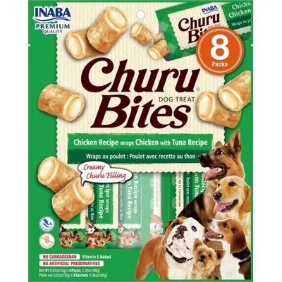 Inaba Foods Dog Churu Bites - Chicken with Tuna - Лакомство за кучета, джобчета с мек пълнеж с пиле и риба тон, 8 пакета х 12 грама, Япония EUD722