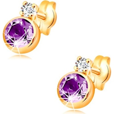 Šperky eshop zlaté puzetové náušnice s fialovým ametystem a čirým zirkonem GG33.21