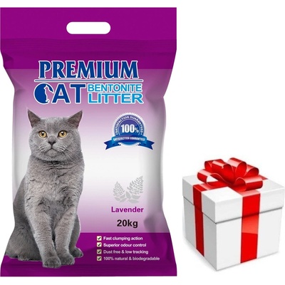 Premium Cat Премиум котешка тоалетна с бентонит - Лавандула за котки 20 кг + безплатна изненада за котката