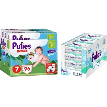 pufies Пелени гащи Pufies Fashion & Nature - Размер 7, 17+ kg, 96 броя + мокри кърпи Pufies Clean Care, 12 х 64 броя (3800024036347+13800024027540)