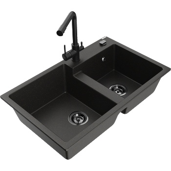 Mexen Tomas двукаморен гранитен мивка с кухненски смесител Duero, черно/златист металик - 6516-75-671600-70-B (6516-75-671600-70-B)