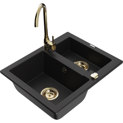 Mexen Carlos гранитна мивка 1, 5-коморна с кухненски смесител Telma, черен - 6518-77-670200-50 (6518-77-670200-50)