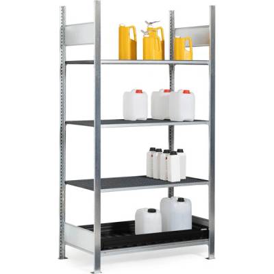 DENIOS Regál pre malé nádoby, základné pole, 3x mrežový rošt, záchytná vaňa z PE, 1060 x 437 x 2000 mm