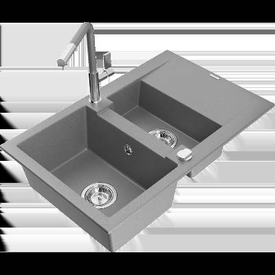 Gaspar гранитна мивка 1, 5 камери с дренаж и кухненски смесител Flora, сив - 6507-71-670401-06 (6507-71-670401-06)