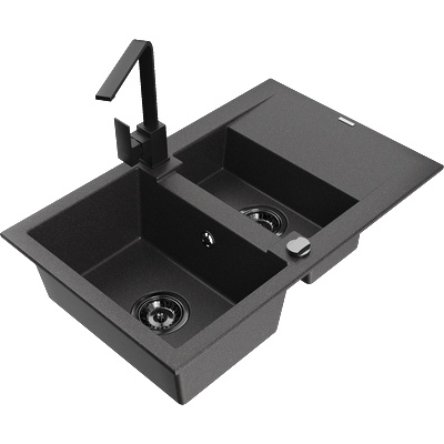 Mexen Gaspar гранитна мивка 1, 5-камерна с отцедник и кухненски смесител Rita, черен с пръски - 6507-76-670300-70-B (6507-76-670300-70-B)