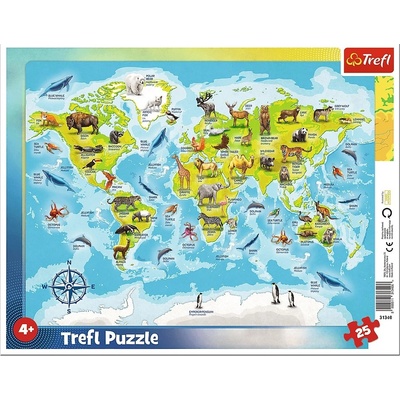 Trefl Детски пъзел Trefl от 25 части - Карта на света с животни (31340)