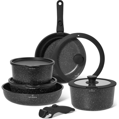 Just Perfecto Комплект тенджери и тигани Just Perfecto JL-998, 11 ч, Отливка, Мраморно покритие, Индукция, 2 Подвижни дръжки, Черен (JL-998 black)