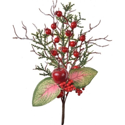 Vánoční dekorační zápich s červenými plody a lístky – 37 cm