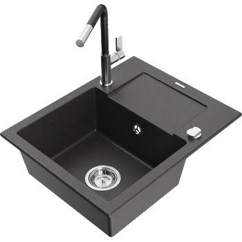 Mexen Enzo гранитна кухненска мивка с 1 отделение и отцедник и кухненски смесител Flora, черен с пръски - 6506-76-670401-07 (6506-76-670401-07)