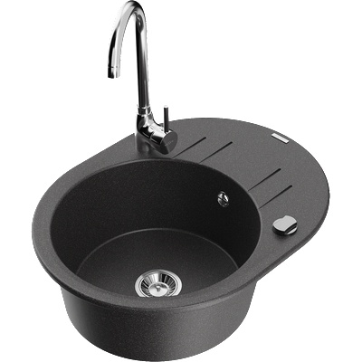 Mexen Kevin кухненска мивка от гранит с 1 отделение и отцедник и кухненски смесител Telma, черен напукан - 6517-76-670200-00 (6517-76-670200-00)