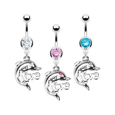 Šperky eshop ocelový piercing do pupíku delfín LOVE F14.1 čirá C