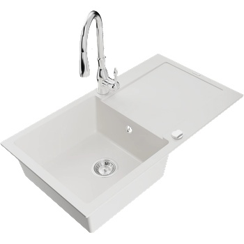 Mexen Leo гранитна мивка с 1 отделение и отцедник и кухненски смесител Savita, бял - 6501-20-672601-00 (6501-20-672601-00)