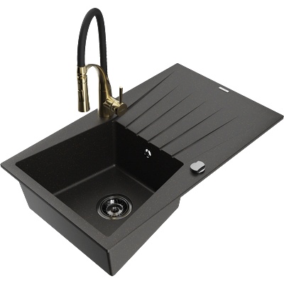 Mexen Cesar гранитна мивка с 1 отделение и сушилник и кухненски смесител Aster, черно/златист металик - 6514-75-73450-57-B (6514-75-73450-57-B)