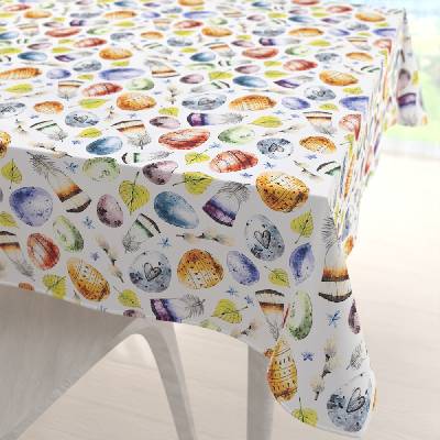 Biante Veľkonočný teflónový štvorcový obrus TF-075 Farebné kraslice a pierka na bielom 140x140 cm