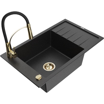 Mexen Elias гранитна мивка с 1 отделение с отцедник и кухненски смесител Aster, черен/сребрист металик - 6511-73-73450-57-G (6511-73-73450-57-G)