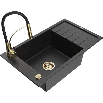 Mexen Elias гранитна мивка с 1 отделение с отцедник и кухненски смесител Aster, черен/сребрист металик - 6511-73-73450-57-G (6511-73-73450-57-G)