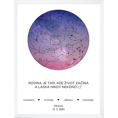 Plakát s hvězdnou oblohou - fialovo bílý Rozměr plakátu: A3 (29,7 x 42 cm), Rámeček: Bílý rámeček, Počet osob, Text: 3-4 osoby vlastní text