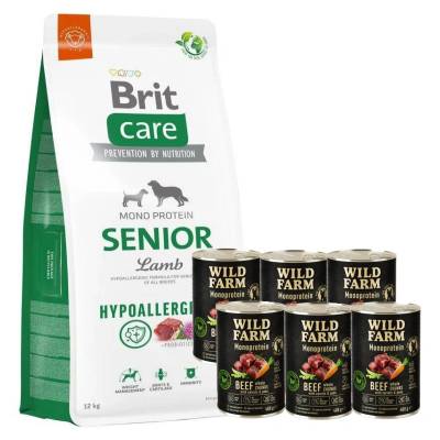 Brit CARE Хипоалергенна храна за възрастни кучета с агнешко месо 12кг + WILD FARM Monoprotein Beef 6x400g - хипоалергенна храна за кучета