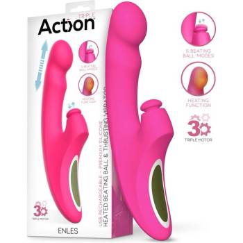 Action Enles Triple Motor Vibrator with Heated Beating Ball & Thrusts Pink