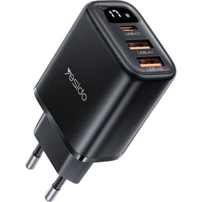 YESIDO Зарядно за стена (YC67) - Yesido - дигитален дисплей, 3в1 (2x USB, Type-C), 17W, за телефон и таблет - Черно