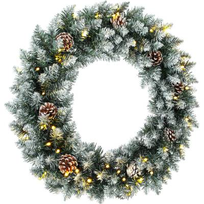 HOMCOM Vánoční věnec 60 cm Osvětlený věnec na dveře s 50 LED Šišky Umělý sníh na Vánoce Adventní dveře